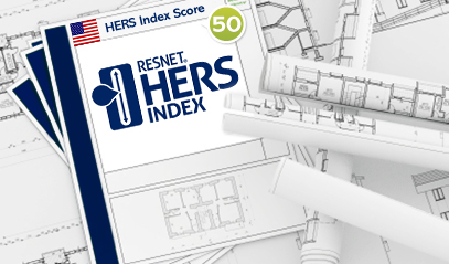 Energy Certificate concept HERS Index logo and house blueprints