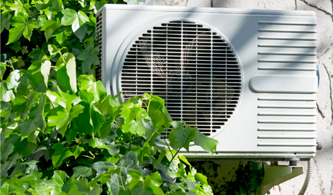 outdoor air conditioner partially covered by shrubbery.